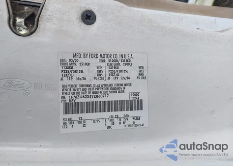 2000 Ford Explorer Xls z USA, uszkodzony, nr VIN 1FMZU62X4YZB60717